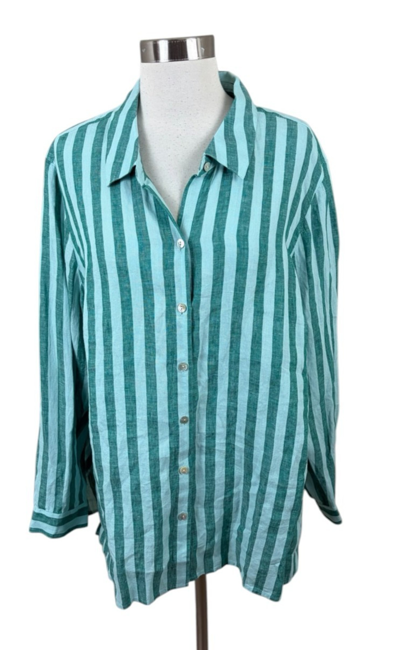 J. Jill Love Linen NEW Green Stripe Button Tunic Size XL Coastal Resort